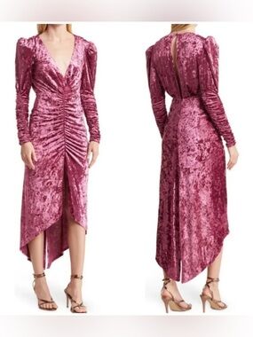 NWT Ronny Kobo Collection Velvet Ruched High-Low Dress in Rose